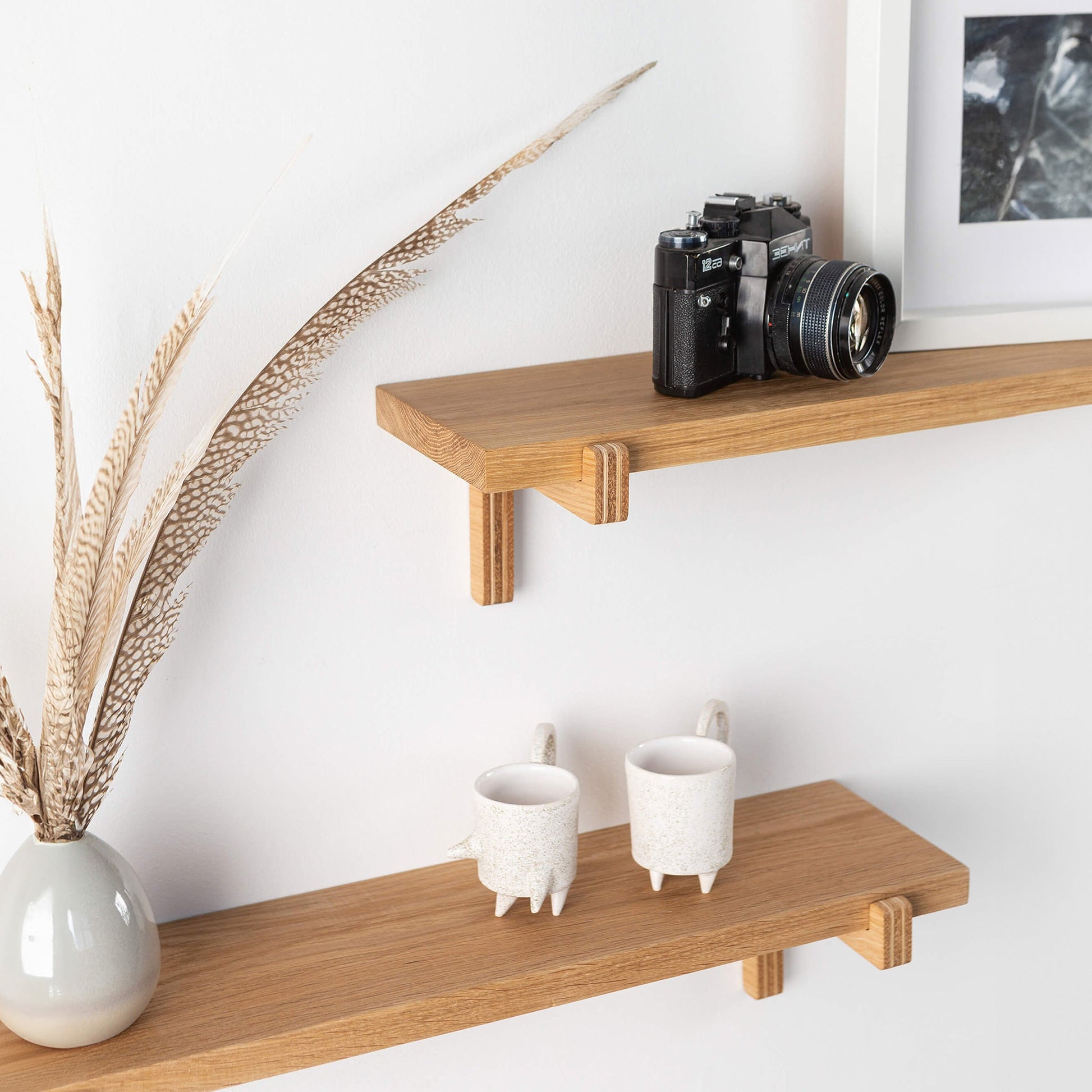 2 Floating Wooden Wall Shelves – Oak Shelves with Holders for Home & Office-1