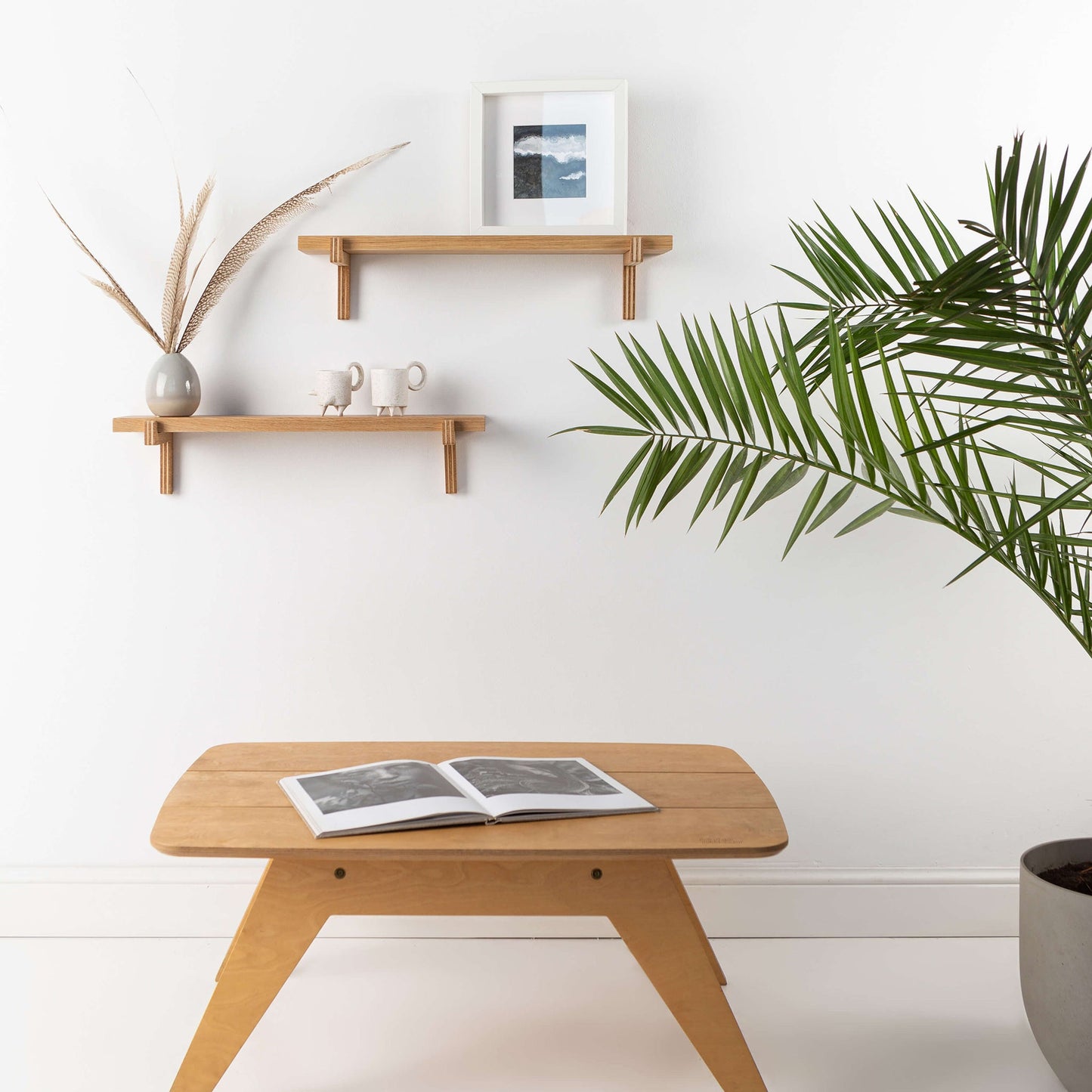 2 Floating Wooden Wall Shelves – Oak Shelves with Holders for Home & Office-2
