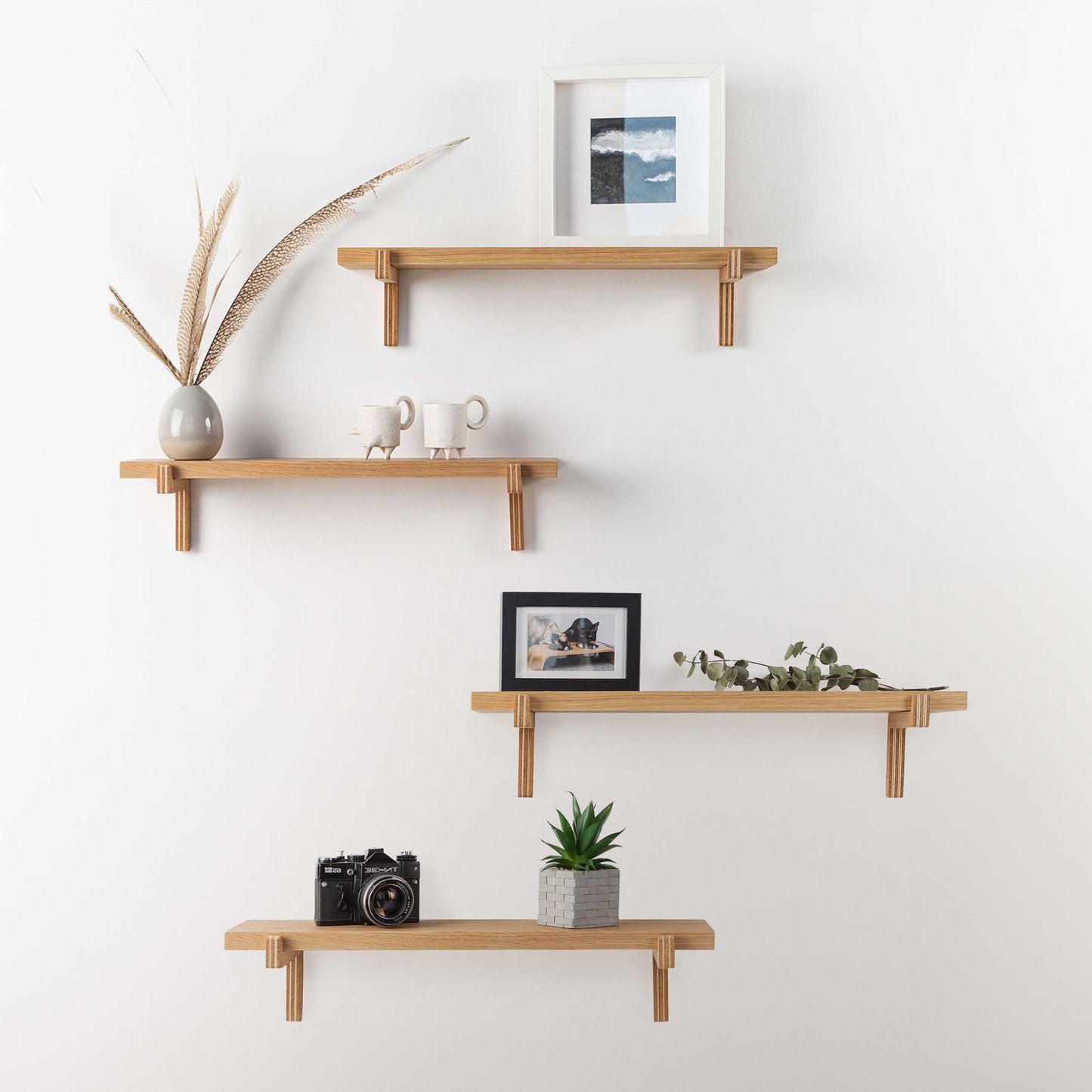 2 Floating Wooden Wall Shelves – Oak Shelves with Holders for Home & Office-6